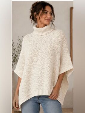 Lole Cream Knit Turtleneck Poncho Sweater One Size